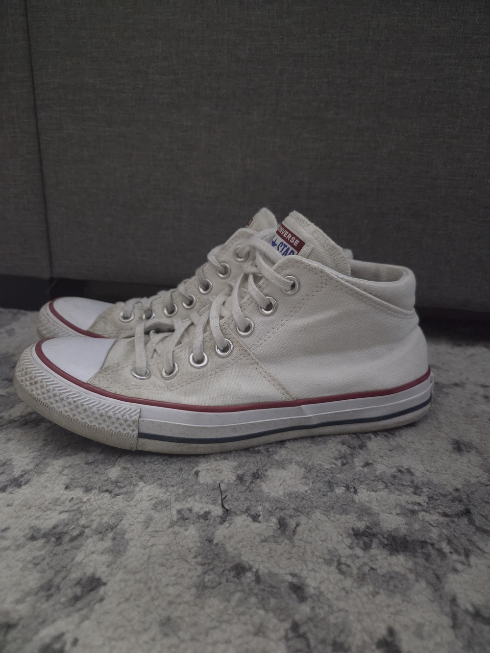 Converse White Canvas High-Top Sneakers with Red and Blue Stripe